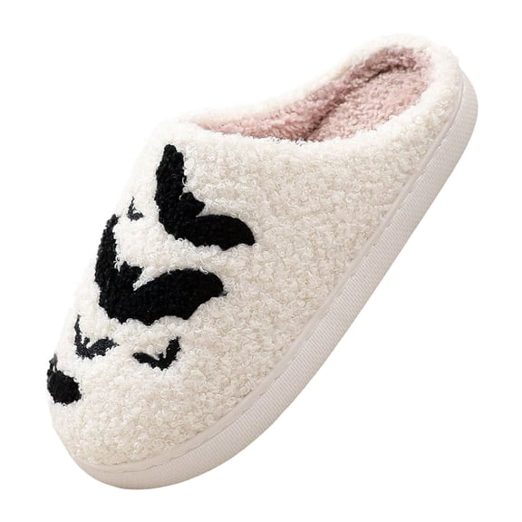 Fuzzy Slippers For Women Halloween Cotton Slippers Men Home Winter Cotton Slippers Bat Print Warm Cozy Winter House Slippers Bedroom Indoor House Shoes