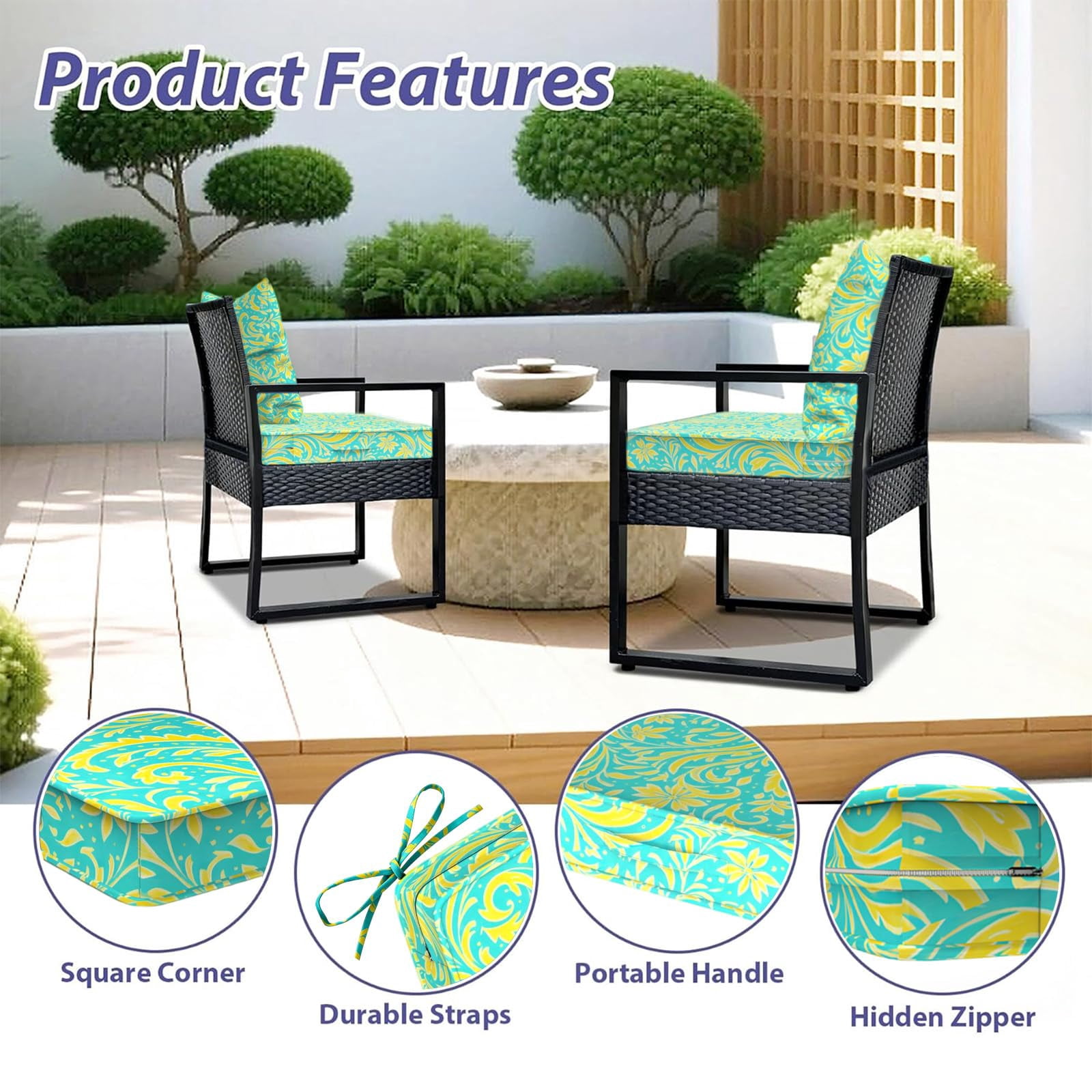 Yacona Outdoor Chair Cushions Set, 24x24in Patio Furniture Cushions with Handle, for Patio Furniture Chair Sofa, Pattern
