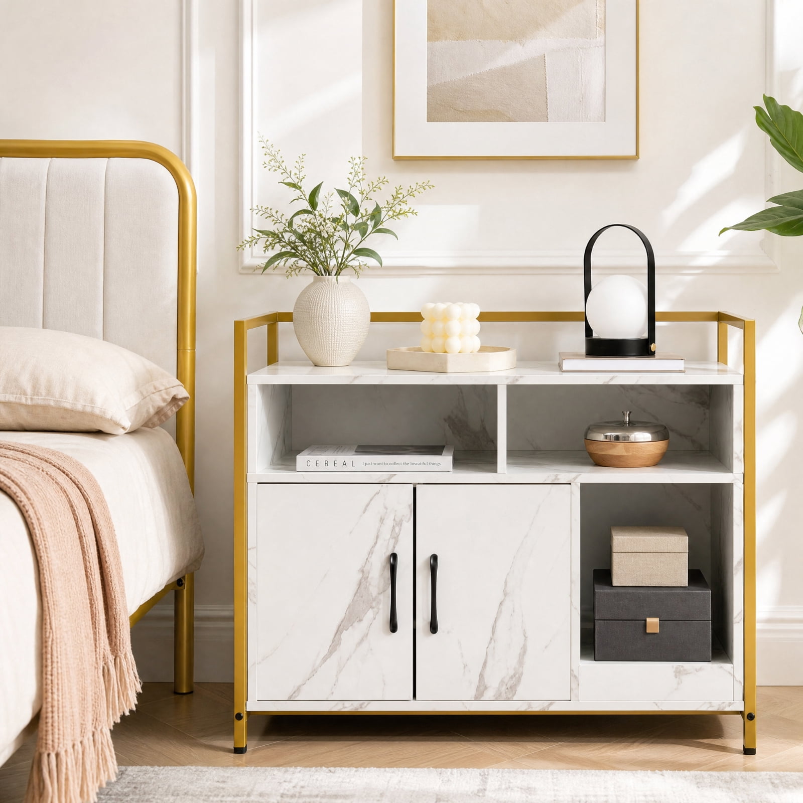 SUGIFT Hidden Cat Litter Box Furniture with Double Doors, Enclosed Cat Washroom Side Table Cabinet with Scratch Cardboard, White