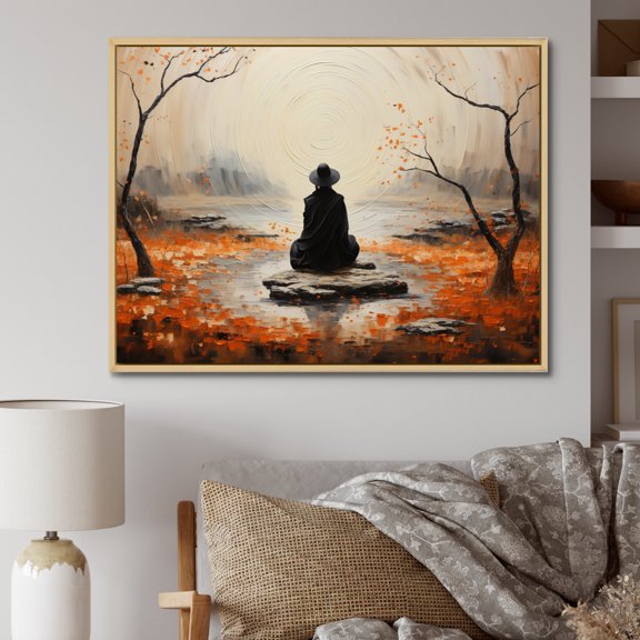 Designart "Orange Grey Meditation Zen Garden painting" Spiritual Floater Framed Wall Art Living Room