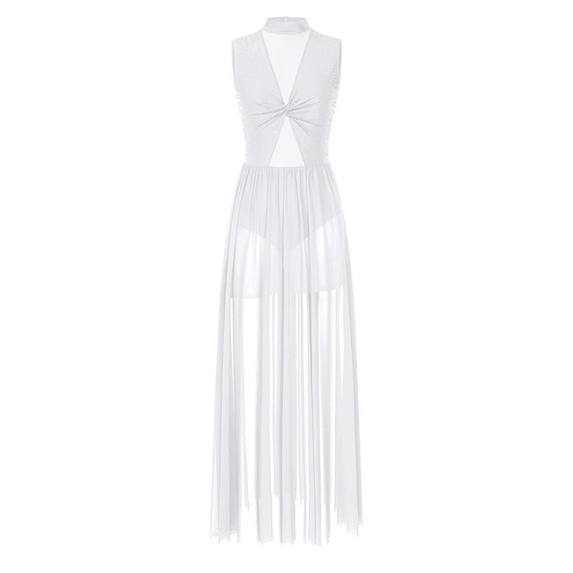 Moggemol Robe de Danse Lyrique Brillante avec Strass Sans Manches Col Montant Superposé Blanc TG