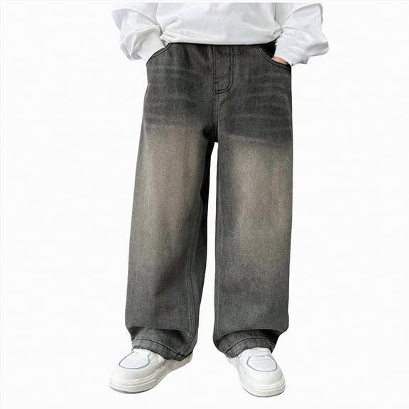 NOLDARES Boys Casual Baggy Denim Pants Kids Elastic Waist Wide Leg Jeans with Pockets(Grey,4-5 Years)