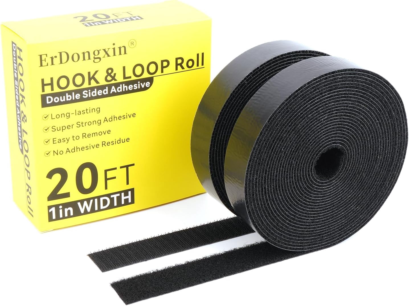Hook and Loop Tape 20Ft x 1Inch Heavy Duty Double-Sided Adhesive Strips, Strong Sticky Back Fastener Roll, Cuttable Interlocking Fasteners for Home, Office, Car, School & DIY Crafts Black