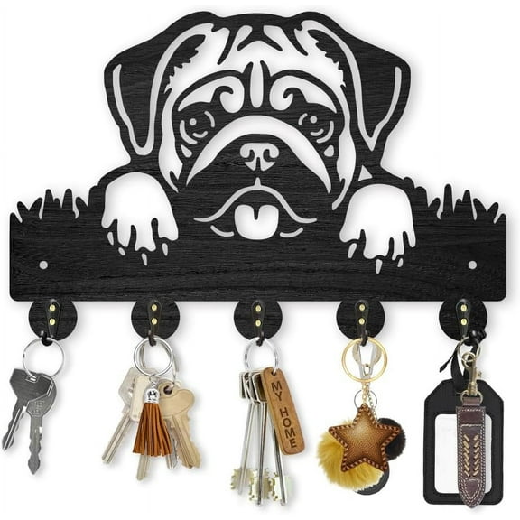 1Set Wood Pug Dog Coat Rack Dog Pet Key Holder for Wall 11.8×7.9inch Animal Wall Hook Rustic Decorative Dog Hook 5 Alloy Hooks for Gift Dog Leash Entryway Living Room Farmhouse