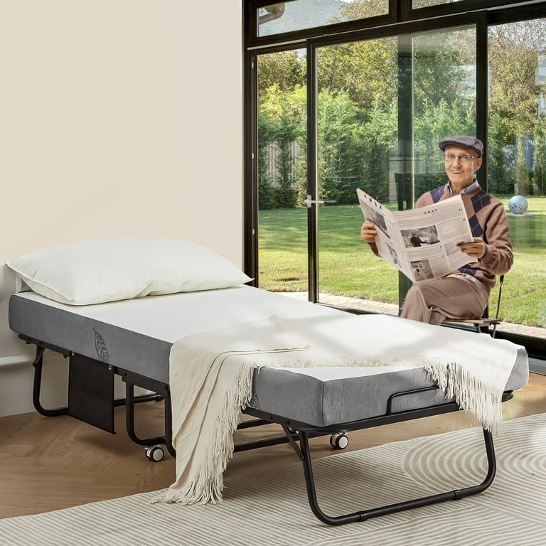 Hommow, Rollaway Bed, Folding Steel Cot, Memory Foam Mattress