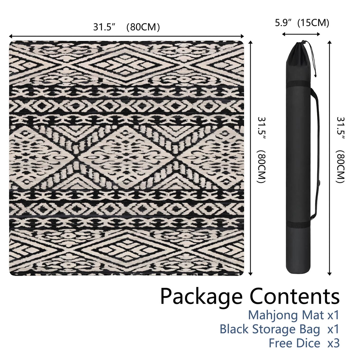 Decorative Boho Pattern Non-Skid Mahjong Table Pad 31.5x31.5 Inch Rubber Playing Surface Reduces Noise with Anti-Slip Bottom for Board Games and Cards