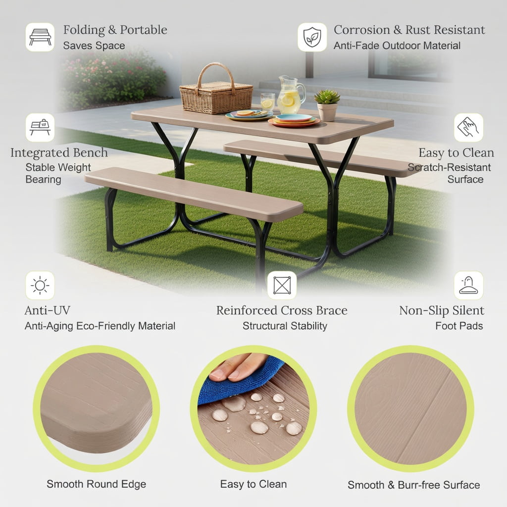 Hommoo HDPE Outdoor Picnic Table and Bench Set with Powder-Coated Steel Frame, Weather-Resistant, Easy-Assembly Backyard Dining Set, Coffee