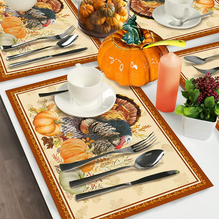 Thanksgiving Scarecrow PVC Placemats for Dining Tables,Set of 4 Kitchen  Table Mats Fall Harvest Pumpkins Waterproof Wipeable Placemat for Indoor