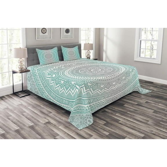 Ambesonne Grey and Aqua Quilted Bedspread Set 3 Pcs, Tribe Mandala, King Size, Aqua Grey