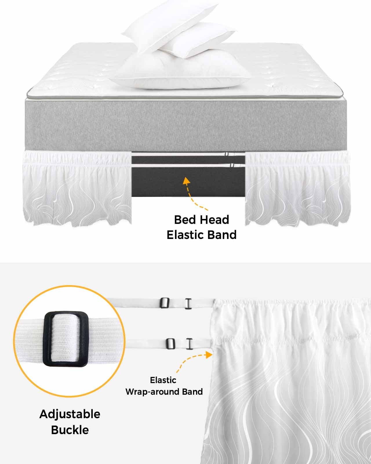 Grey Geometric Wrap Around Bed Skirts for Queen Bed 18" Drop,Bed Skirt with Adjustable Elastic Belt Bedroom Dust Ruffle Bed Valance Hotel Modern White Stripe Abstract Distortion Art Bed Frame Cover