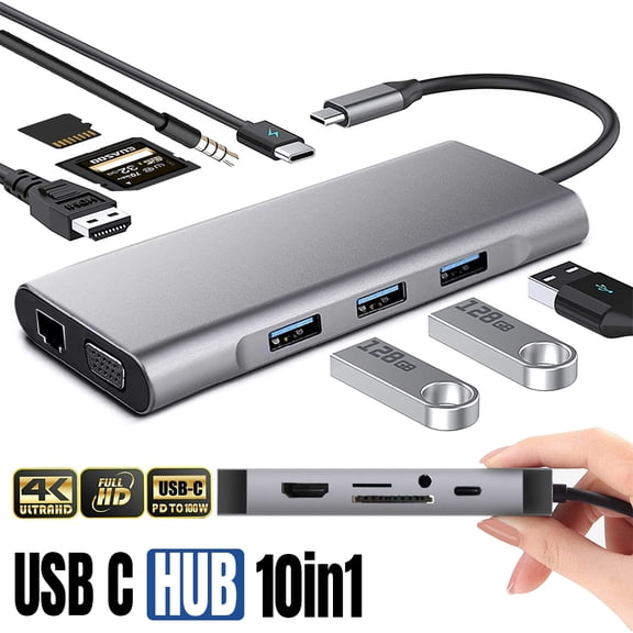 USB C Hub Adapter for MacBook Pro, Thunderbolt 3 Adapter,10-in-1 USB C Dongle with Gigabit Ethernet, USB C to HDMI VGA Adapter,100W Power Delivery,3 USB 3.1, SD TF Card Reader-Through Port Adapters