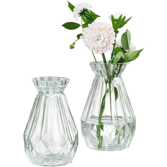 Jeskie Small Glass Bud Vase, 5 Inch Decorative Flower Vases, Mini Vintage Style Centerpiece Vases with Diamond Faceted Design, Set of 2