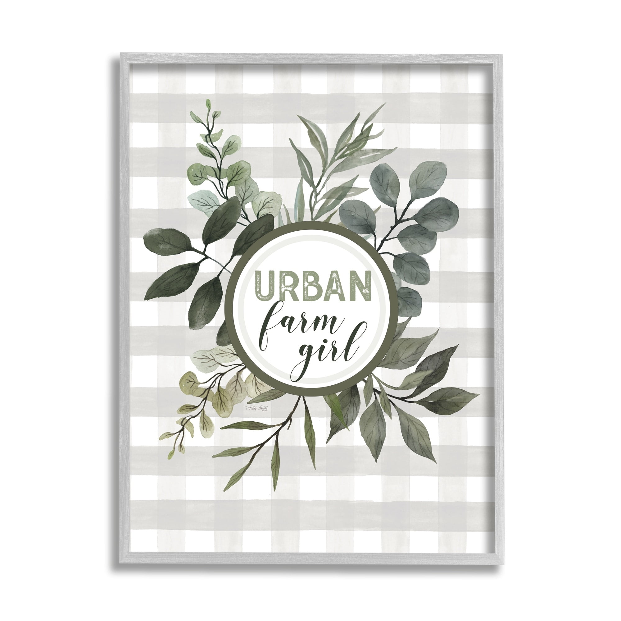 Stupell Industries Urban Farm Girl Phrase Botanical Branches Soft Plaid Graphic Art Gray Framed Art Print Wall Art, 11x14, by Cindy Jacobs