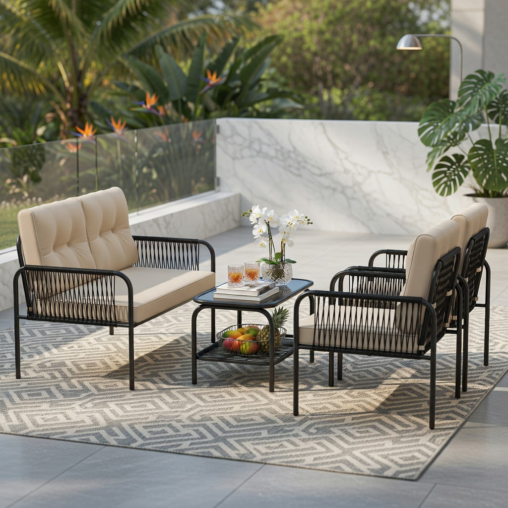 Hommoo 4-Piece PE Rattan Patio Furniture Set, Loveseat, 2 Chairs, Coffee Table with Removable Cushions for Backyard, Poolside & Patio, Beige