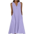 thumbnail image 2 of Xdegoge Linen Dress for Women Summer Maxi 2025 Casual Sleeveless V Neck Long Dress Boho Solid Color Button Down Sundress Flowy Beach Vacation Ladies Dress Dressy Wedding Guest Dresses with Pockets, 2 of 5