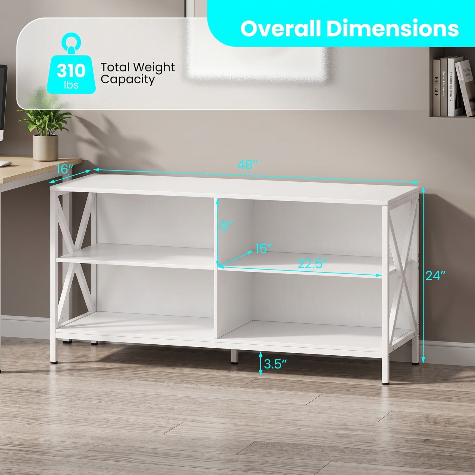 Furnibear Wooden TV Stand Entertainment Center for TVs up to 55 Inch, X-Shaped Metal Frame Media Console with Open Storage Compartments for Living Room, White & Black