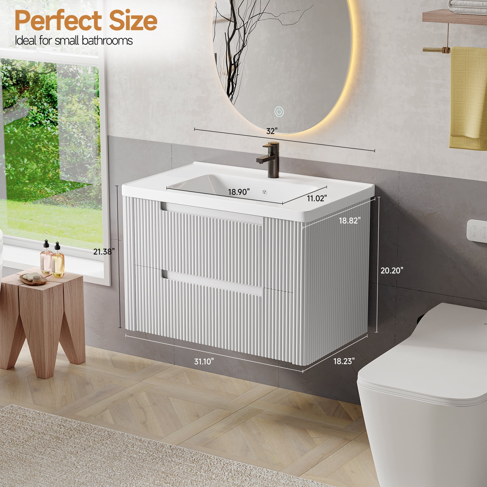 ROGALIS 32" Modern Bathroom Vanity, 2-Drawer, glossy resin Sink, Fluted Design,White