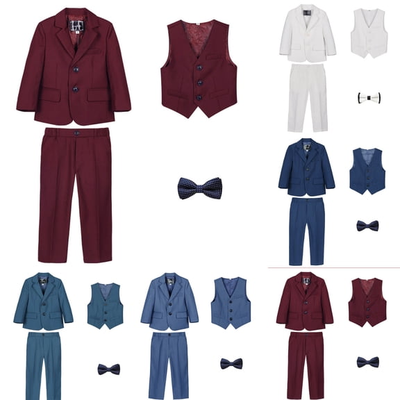 Dpytoraw Boys 4 Piece Suit Set, Coat Vest Pants Bow Tie for Formal Blue Size 3-4 Years