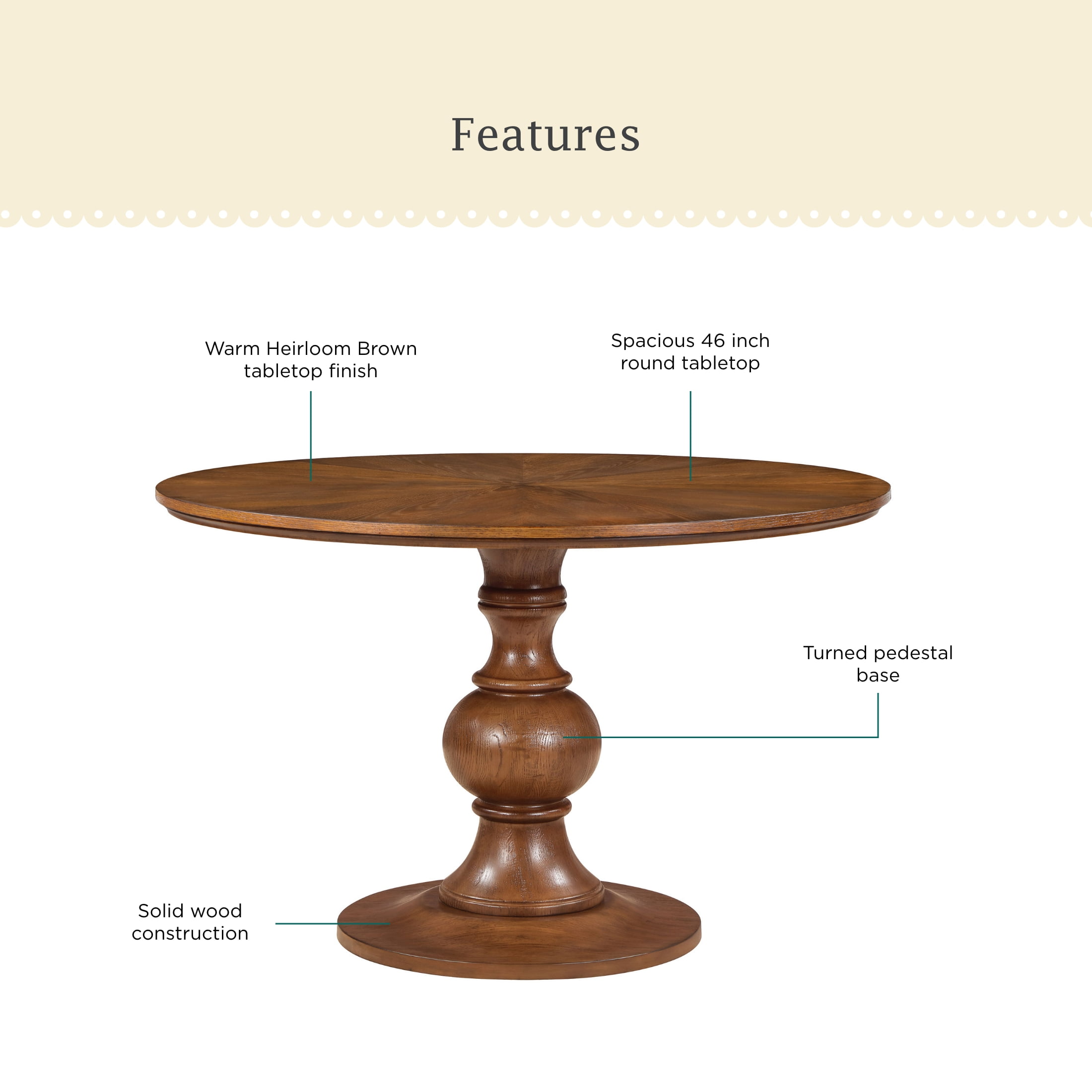 Pioneer Woman Callie Round Dining Table, Heirloom Brown Finish