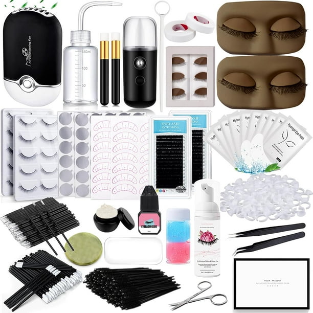 Kit de extensión de pestañas para principiantes Cabeza de maniquí de pestañas con párpados reemplazados Pestañas postizas Práctica Tiras de pestañas Pinzas faciales Pegamento Ventilador USB Juego prof