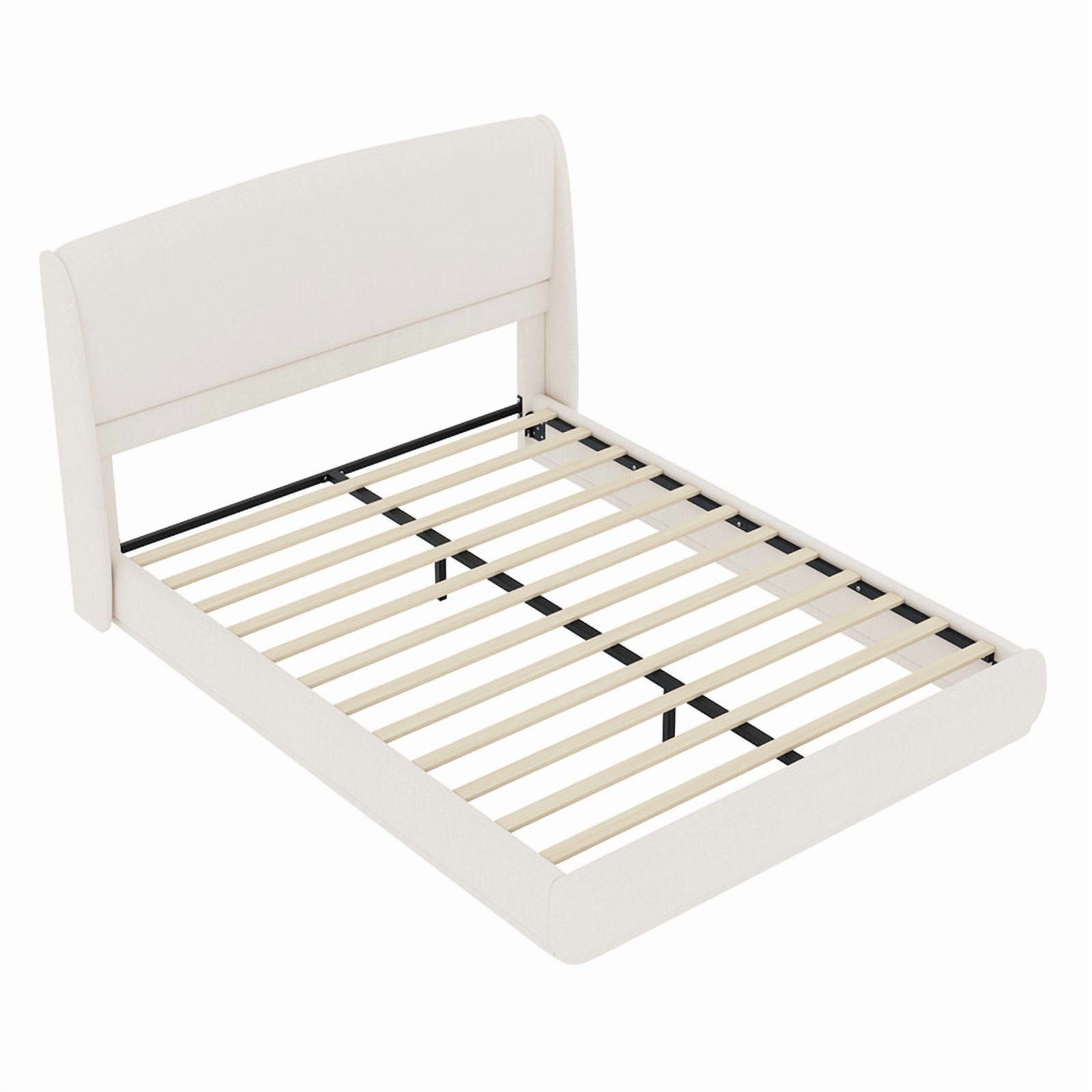 Queen Size Linen Upholstered Bed Frame with Padded High Headboard, Low-Profile Platform Bed with No Box Spring Needed