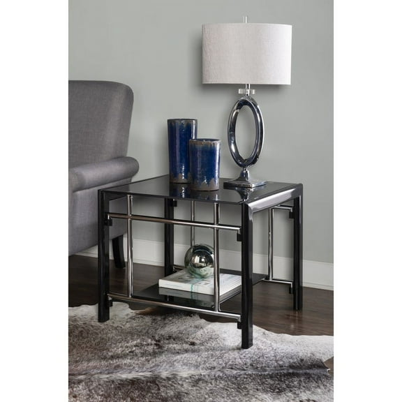Powell Black Glass and Metal Indoor End Table Set, 2 Pieces, Black and Chrome