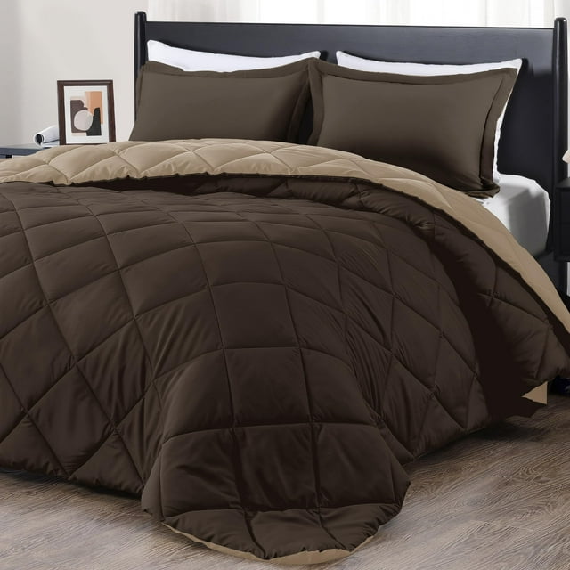 Juego de edredón Downluxe Brown/Tan Queen con 1 edredón 88 x 92