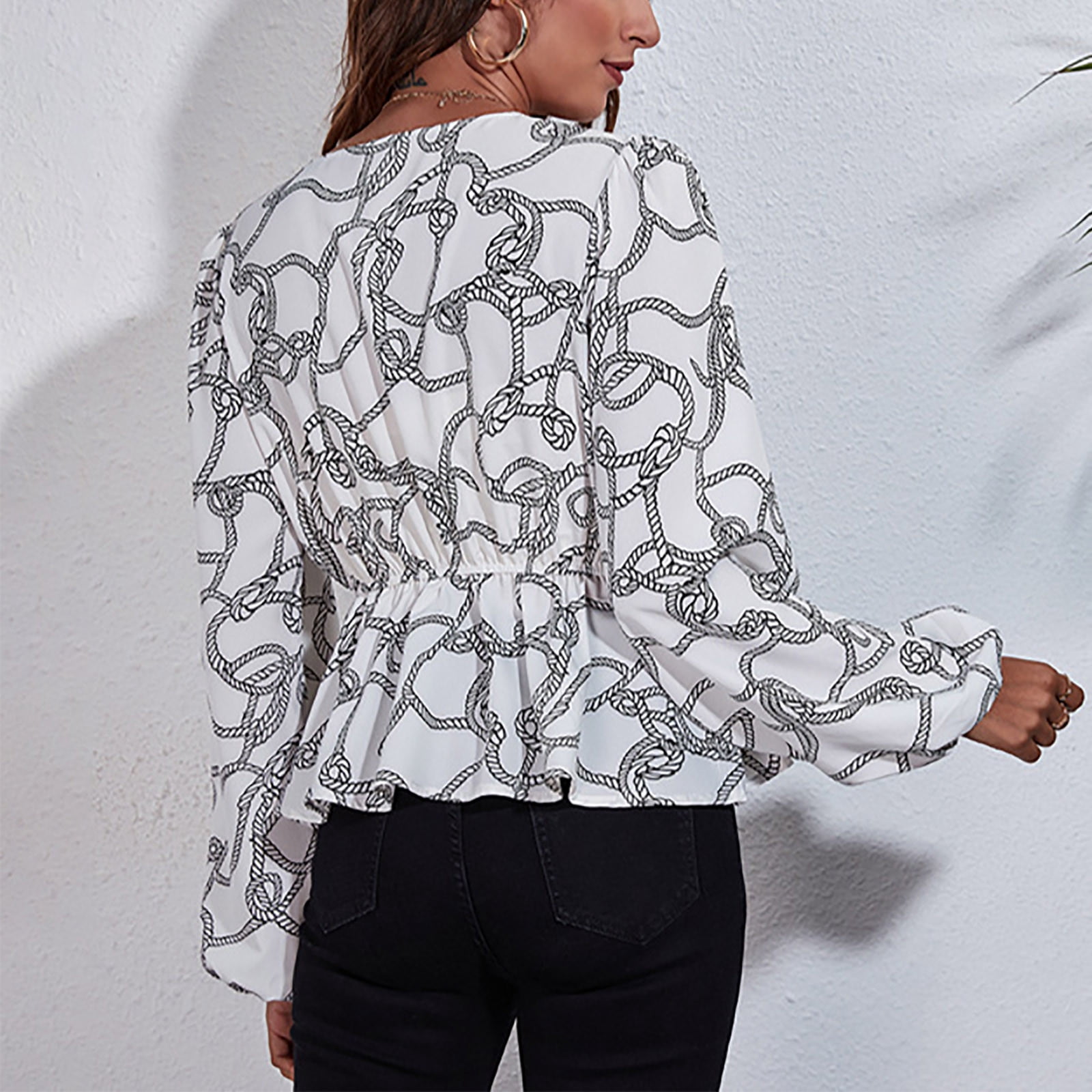 Women's Autumn And Winter V-Neck Print Waist Lantern Sleeve Temperament Women's Top Plus Size Blouses Shirt Dressy for Fall