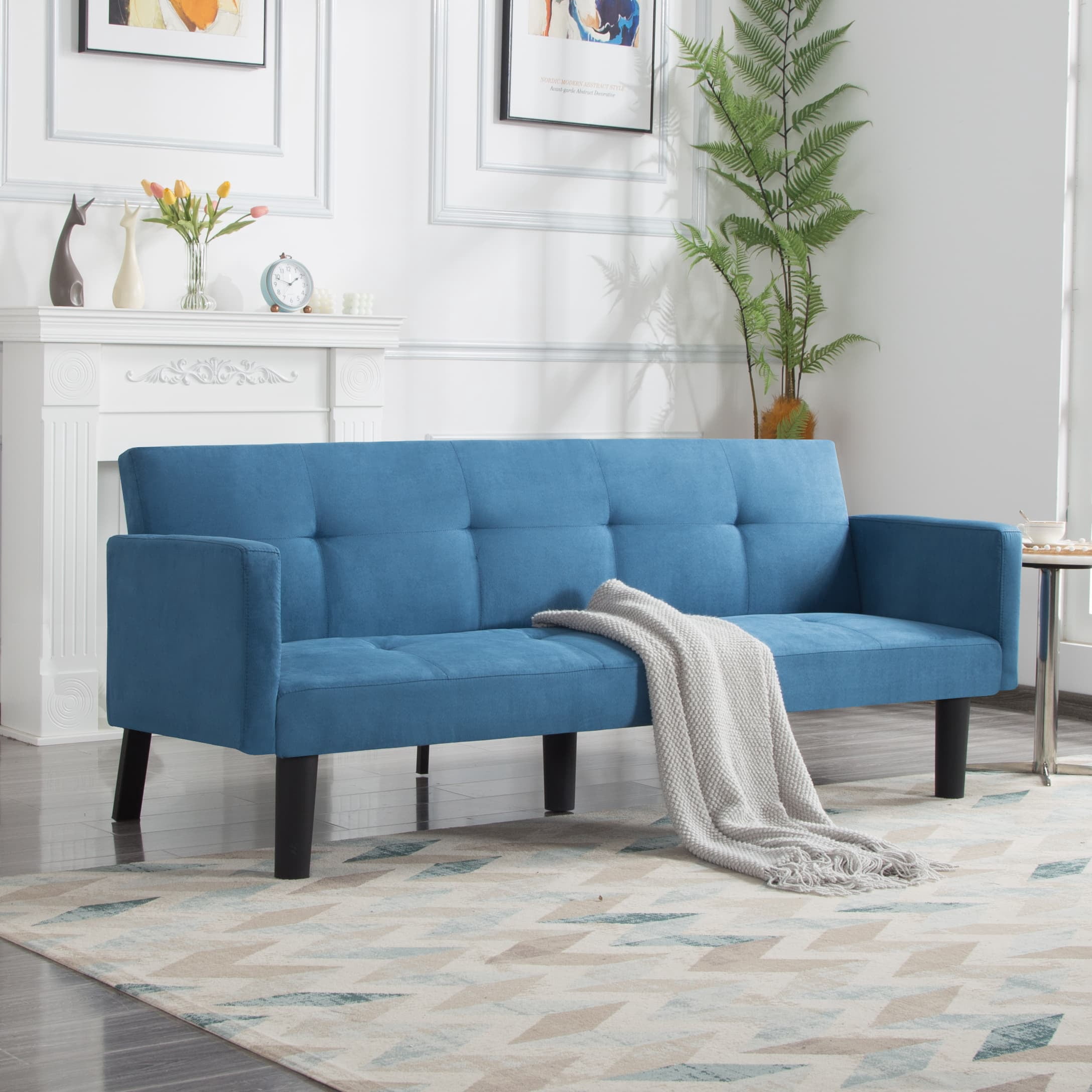 Gewnee 73.6" Futon Convertible Sofa Bed,with 3-Position Adjustable Backrest,Faux Suede Upholstery,Quick & Easy Assembly,Twin-Size Sleeper Sofa(Blue)