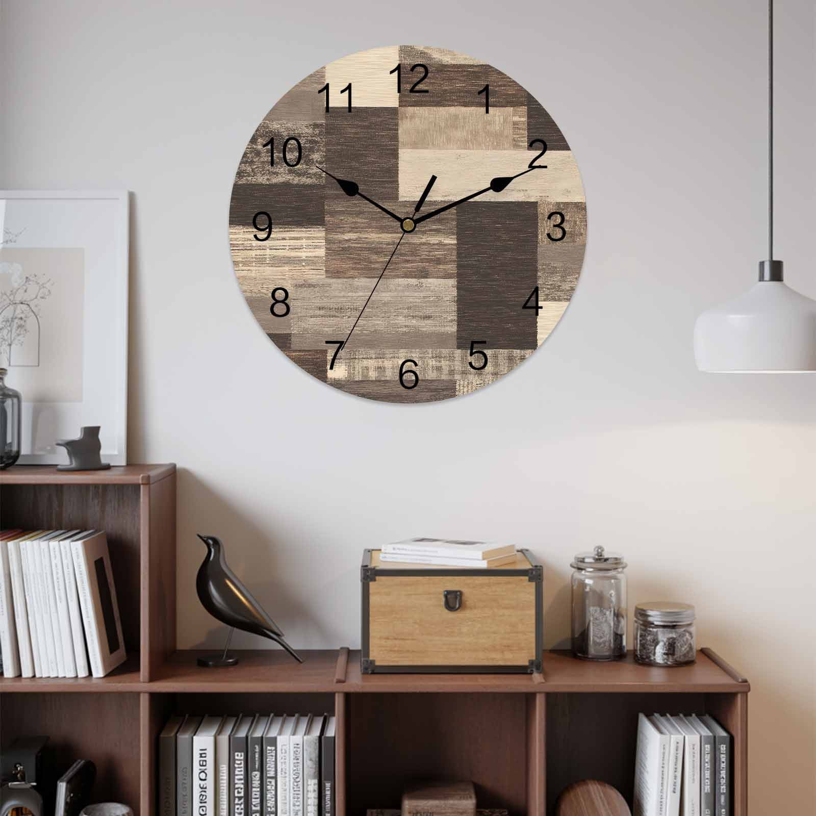 Wall Clock Rustic Brown Wood Plank Clocks PVC Silent Non-Ticking Battery Operated Decorative Farmhouse Collage Block Round Clock for Home Living Room Kitchen Bedroom Office School Wall Decor 14 Inch