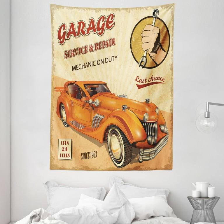 1960s Decor Wall Hanging Tapestry Vintage Garage Advertising Artsy Worn Print with Some Engine and Mechanical Symbols Bedroom Living Room Dorm