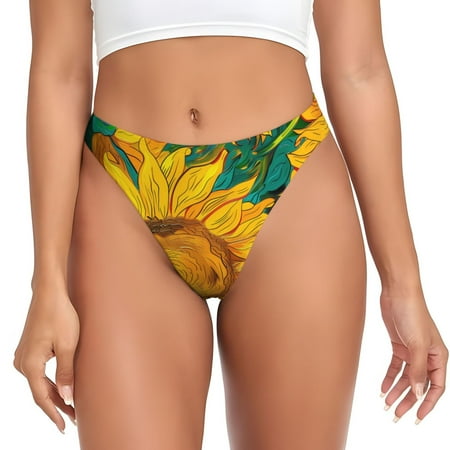 Kdxio Vibrant Sunflower Painting Pattern Seamless Thongs for Women No Show Thong V-waisted Stretch Breathable Sexy Panties Underwear-Small