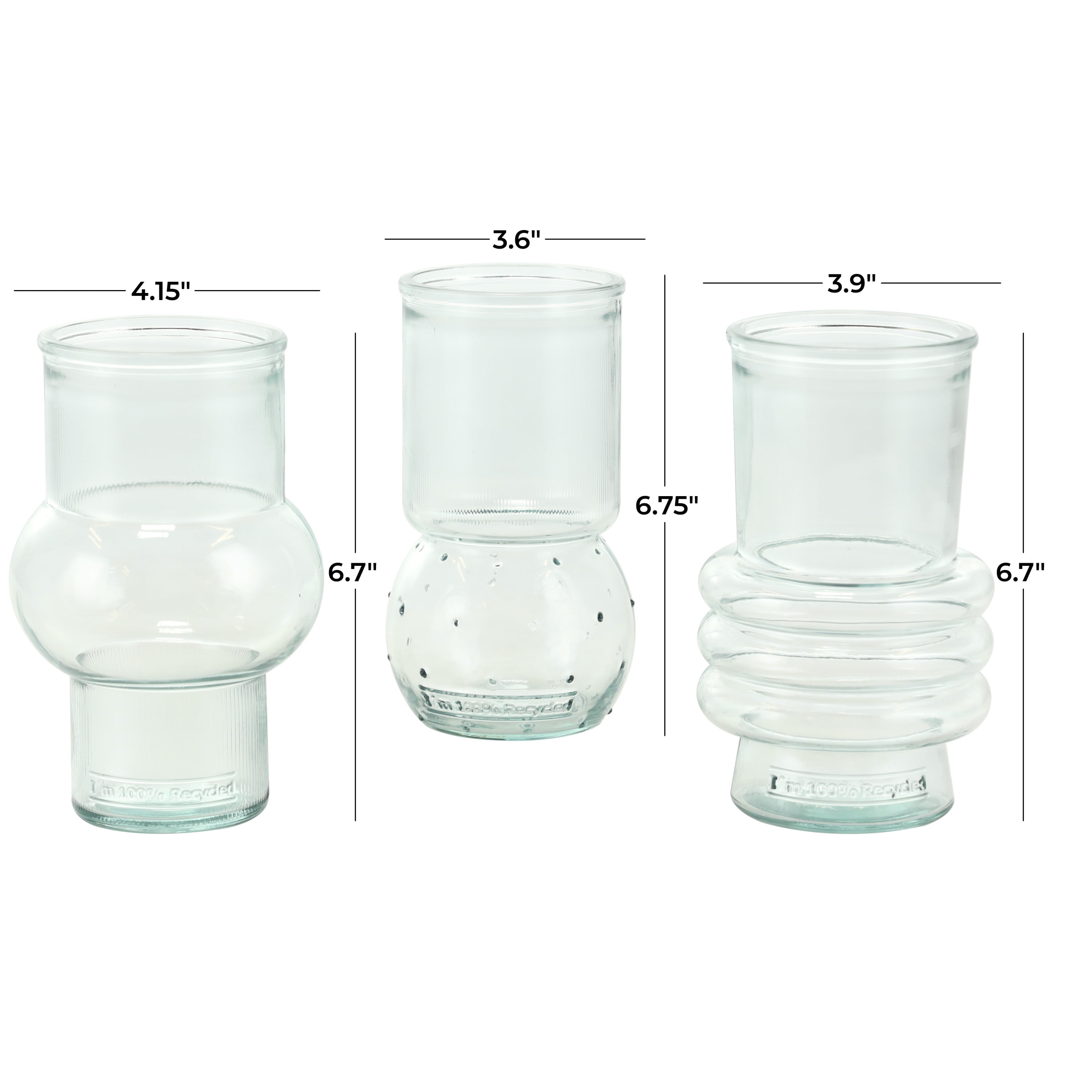 DecMode 4"W,7"H Small Bubble Style Recycled Glass Vase with Varying Shapes, Set of 3