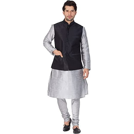 

Royal Kurta Men s Silk Blend Kurta Pyjama And Nehru Jacket Set (38 Black-Silver)