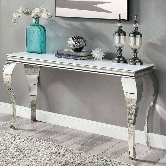 Transitional Table Featuring White Beveled Glass Top And Silver Metal Legs Classic Living Room Console With
