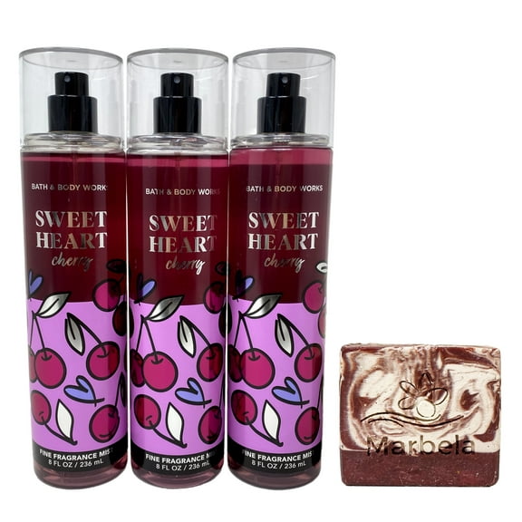 Bath & Body Works Sweet Heart Cherry Fine Fragrance Mist 3 Pack with Cherry On Top Bar Soap.
