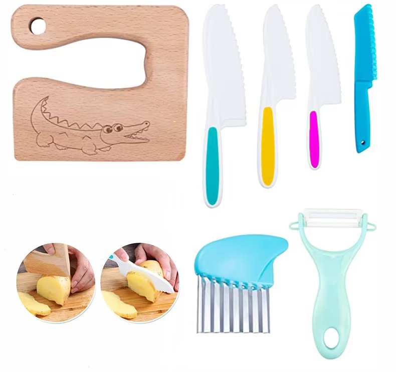 7 Pcs Wooden Kids Kitchen Knife Include Toddler Wood Kids Safe Knives