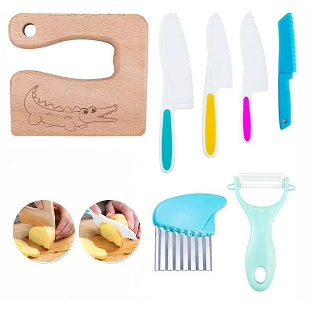 7 Pcs Wooden Kids Kitchen Knife Include Toddler Wood Kids Safe Knives