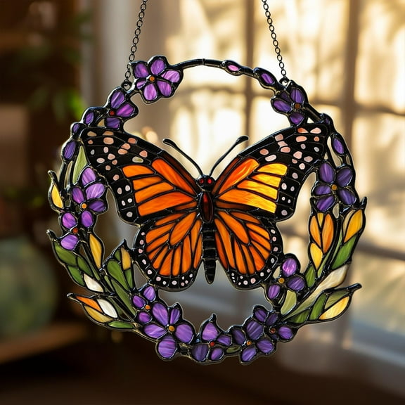 Monarch Butterfly Suncatcher, Faux Stained Glass Butterfly with Lavender Flower, Acrylic Monarch Suncatcher, Gift for Mom and Grandma