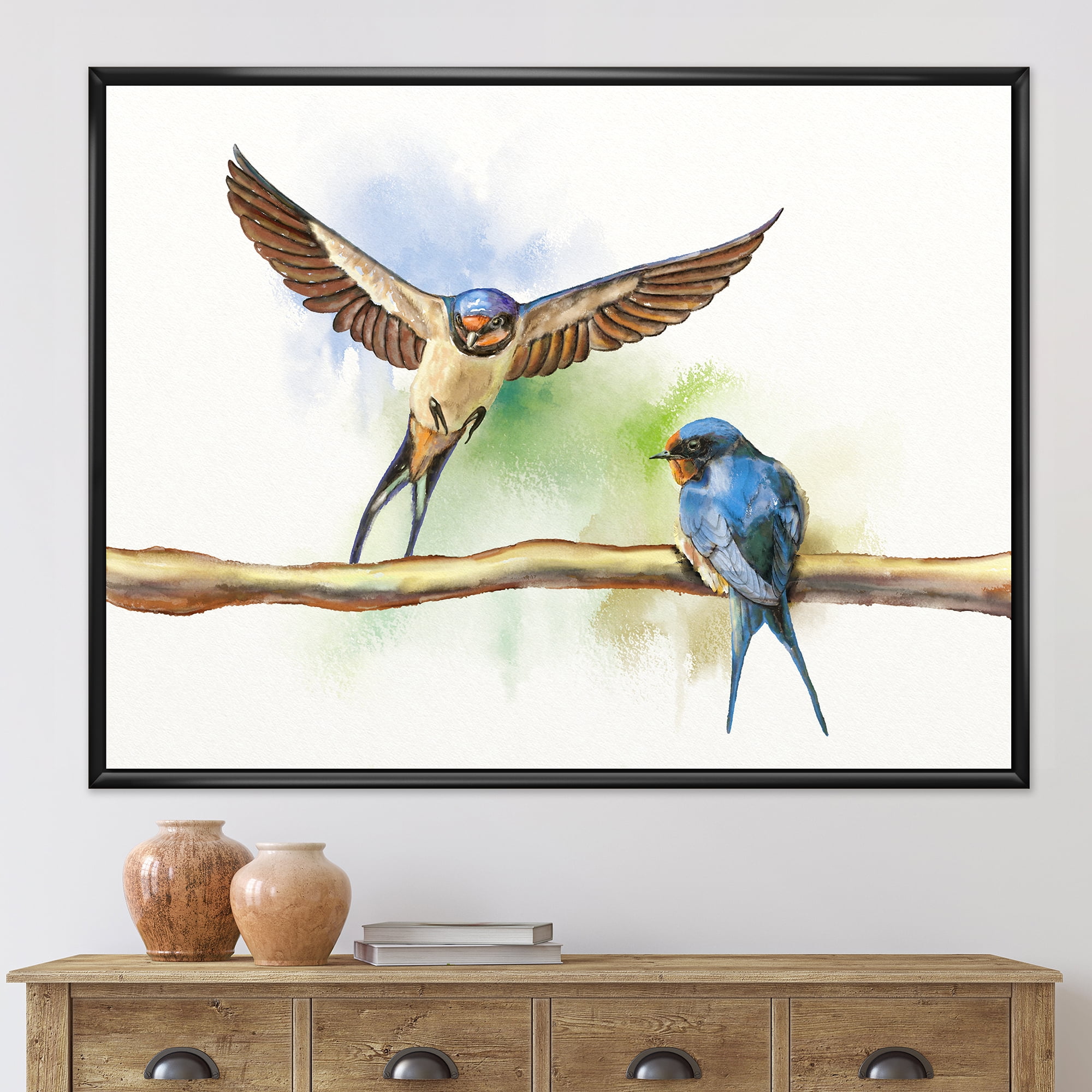 Designart 'Two Barn Swallows Birds On Branch' Farmhouse Framed Canvas Wall Art Print