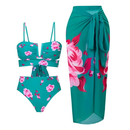 HABDGIKS Womens Swimsuits Bikini Set Three Piece Sexy Floral Print Halter Bra Triangle Chiffon Skirt Cover Up Split Swimsuit