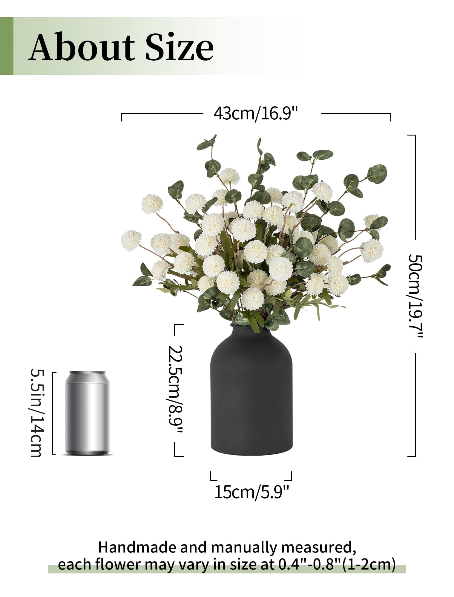 Nuptio Fake Flowers in Vase for Centerpieces: Metal Vase with 12 Stems of Artificial Mums Kiku Flowers Eucalyptuses Home Table Decor - White Faux Pom Poms Floral Arrangements for Living Room