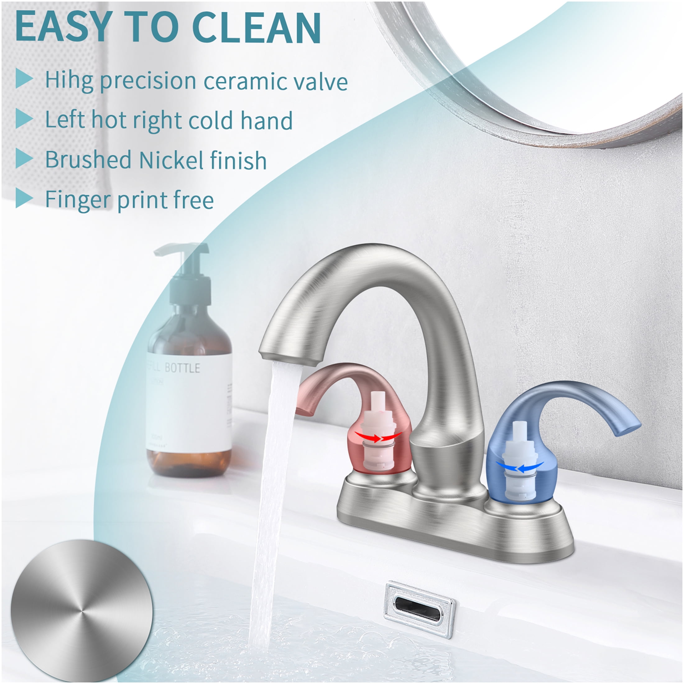 JERFIT 4-inch Centerset Bathroom Faucet, 2-Handle Brushed Nickel Vanity Sink Faucet with Pop-Up Drain, Water-Saving Aerator, Deck Mount Modern Swan Spout
