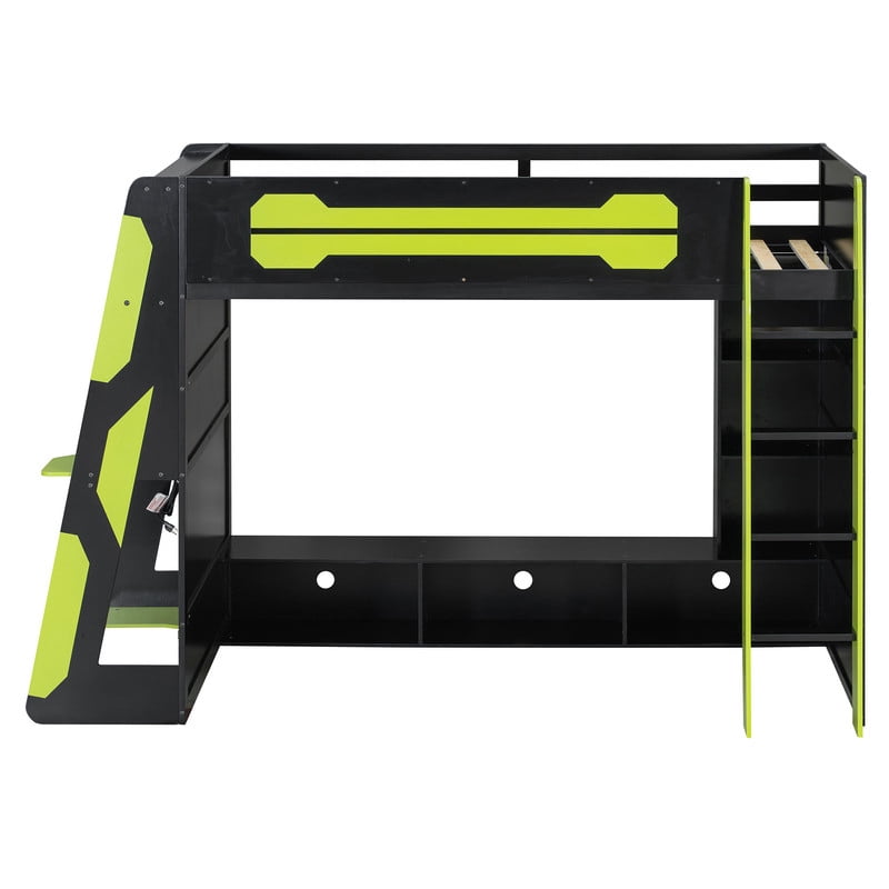 Twin Size Gaming Loft Bed with Desk and RGB LED Light, Wooden Loft Bed Frame with Workstation and Storage Shelves for Bedroom, Dorm Room