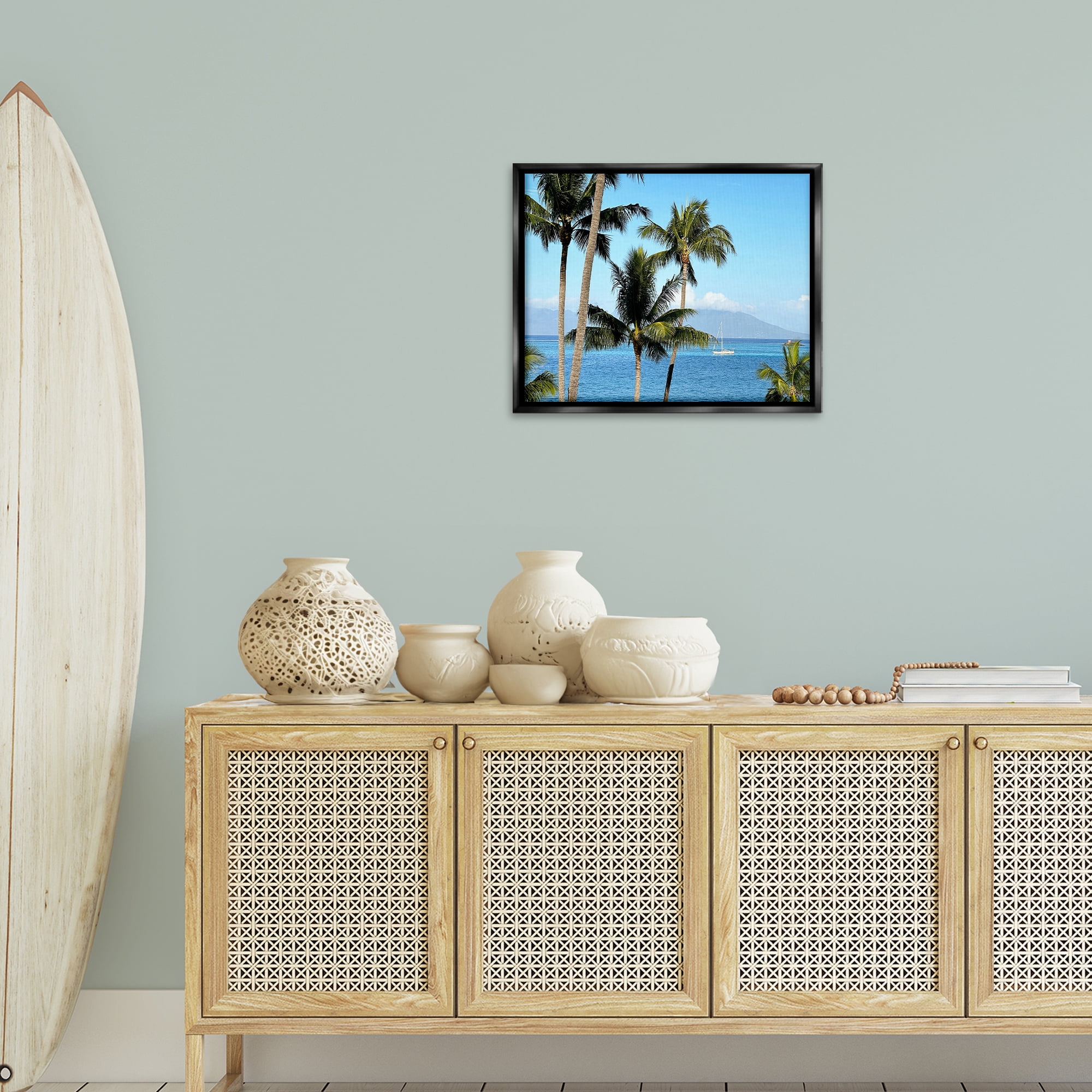 Stupell Industries Palm Trees & Sailboat Landscape Photography Black Floater Framed Canvas Art Print Wall Art, 21 x 17