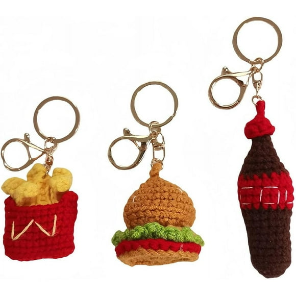 3PCS Cute Crochet Keychain, Creative Fries Burger Coke Set Bag Charms, Handmade Key Chain for Backpack, Gifts for Him/Her