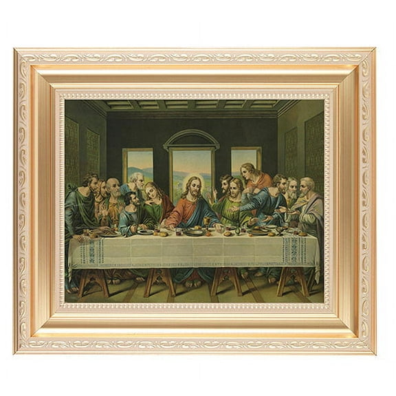 Last Supper Picture Framed Wall Art Decor Large, Satin Gold Fluted Frame with Distressed Finish and Fine Detailed Scrollwork