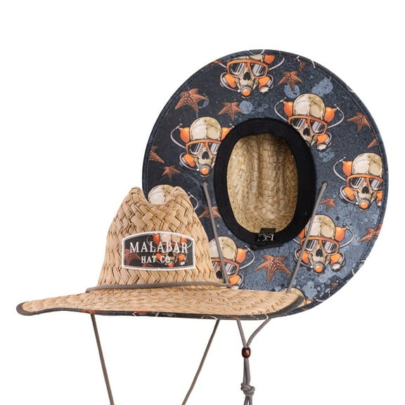 Diver Sun Hat, Men's Straw Hat with Fabric Pattern Print Lifeguard Hat, Beach Ocean, Cruise, and Outdoor, Summer, Fits All, Malabar Hat Co