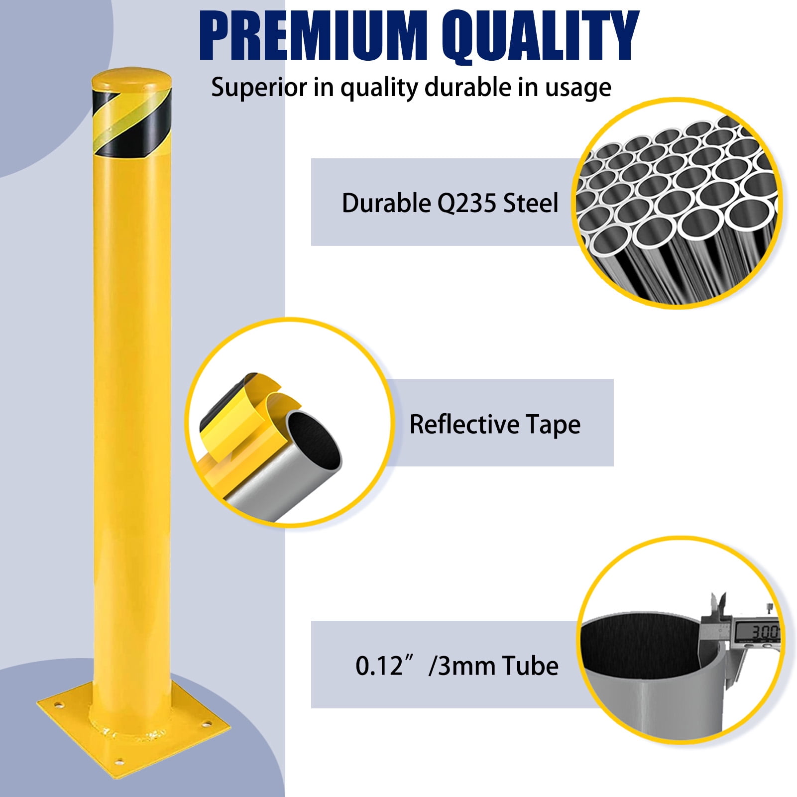 Safety Bollard Steel Post With Reflective Strips - 39.3" Tall, Pour-in ...