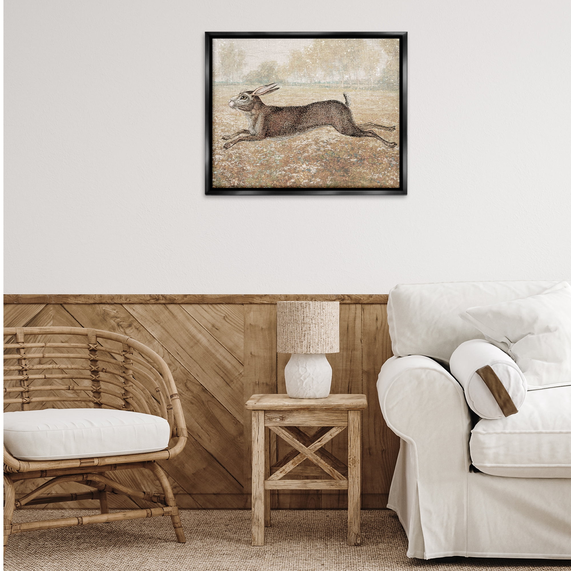 Stupell Industries Traditional Jumping Hare Landscape & Nature Painting Black Floater Framed Canvas Art Print Wall Art, 31 x 25